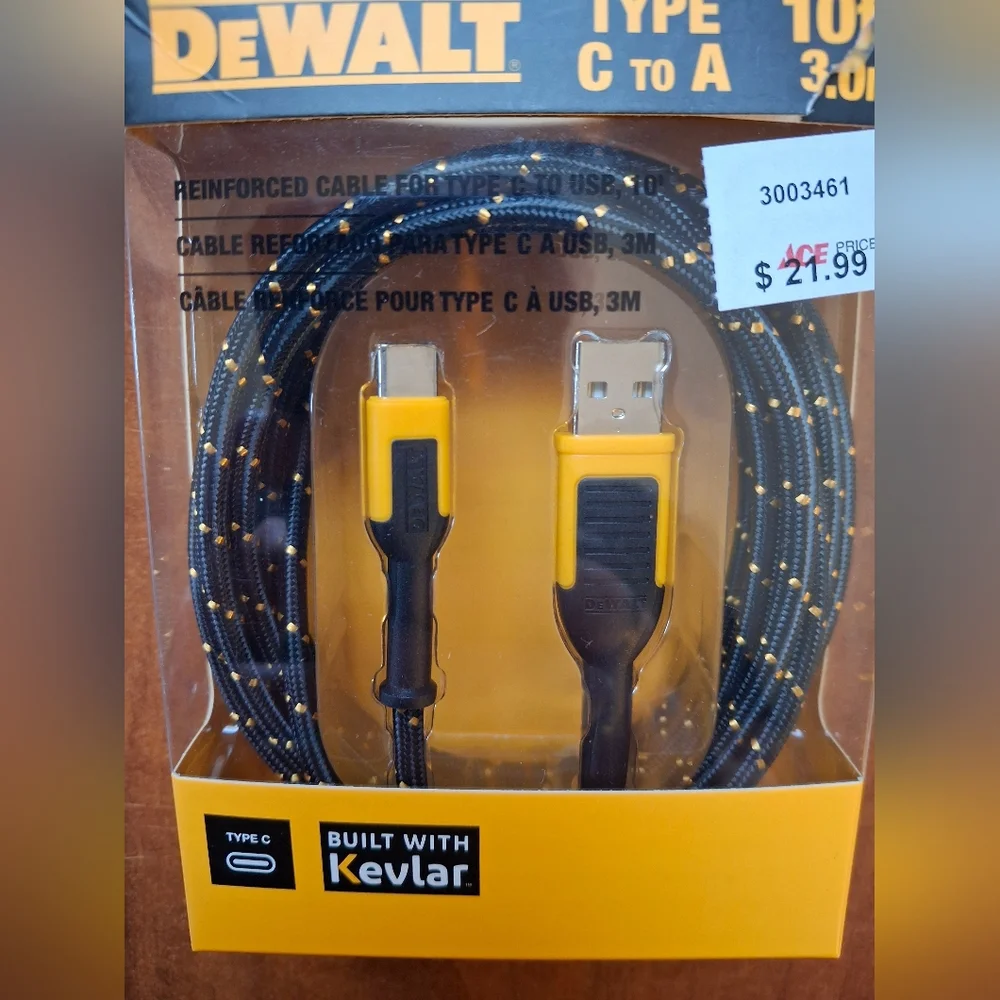 DeWalt Black and Yellow Braided USB Cable 10ft USB C To A